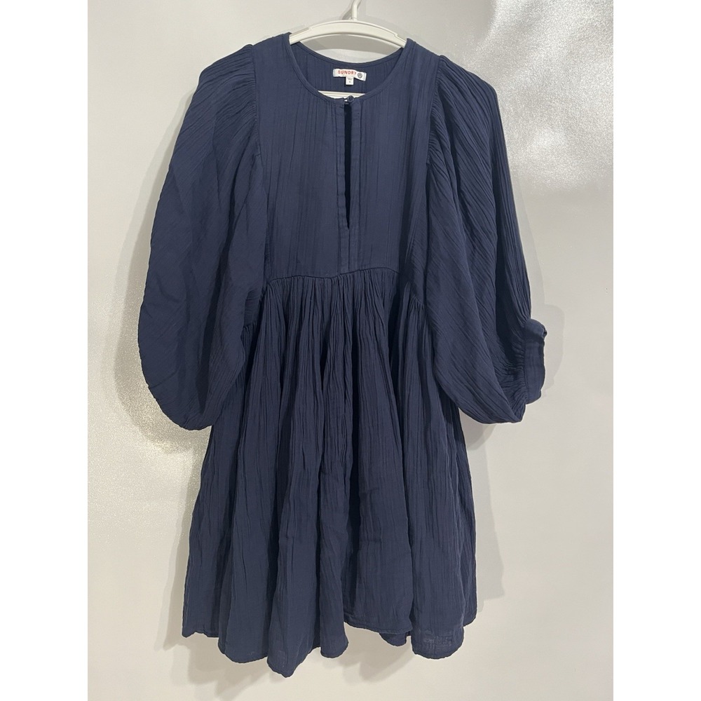 SUNDRY Anthropologie Sz 1 Small Navy Crinkle Gauze Cotton Voluminous Sleeves